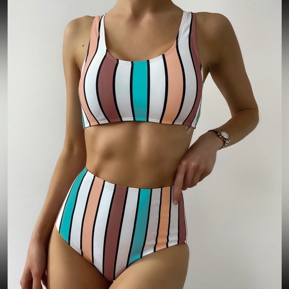 SHEIN Colorful Striped High Waisted Bikini Swimsuit Size Large